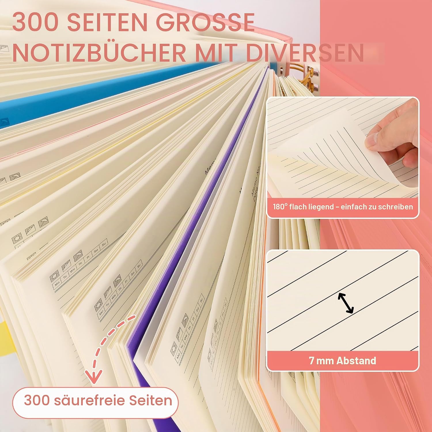 Detalle de Notizblock Notizbuch B5 liniert mit 5 Fächern – flexibles 360‑seitiges Ringbuch in Rosé