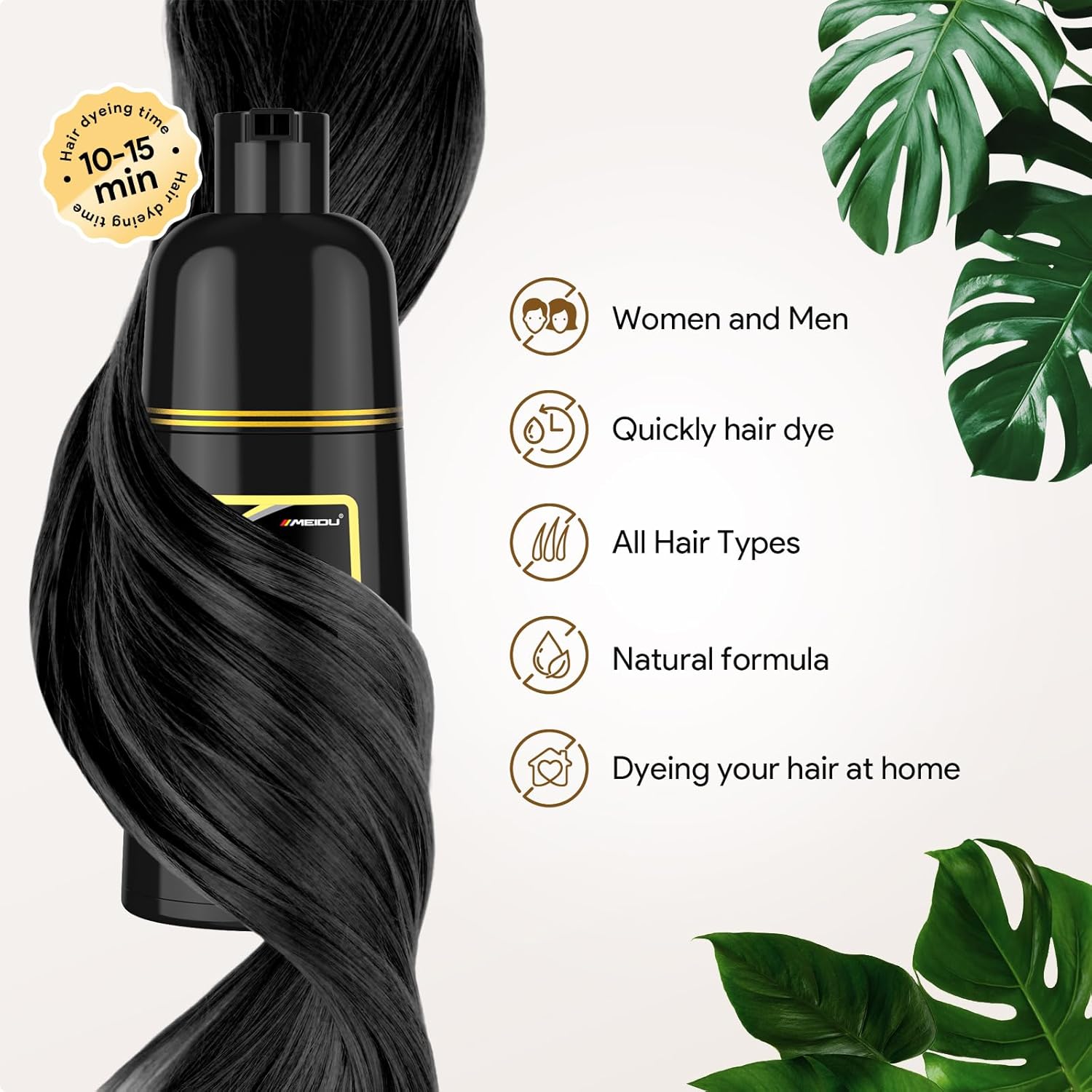 Thumbnail 5 de MEIDU Black Hair Dye Shampoo 3-in-1 (Gray Coverage) Herbal Formula, 500ml/16.9oz