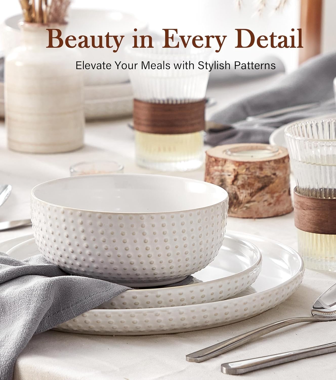 Thumbnail 1 de 24 Piece Dinnerware Sets for 8 - Farmhouse Stoneware with Embossed Boho Design in Vintage White