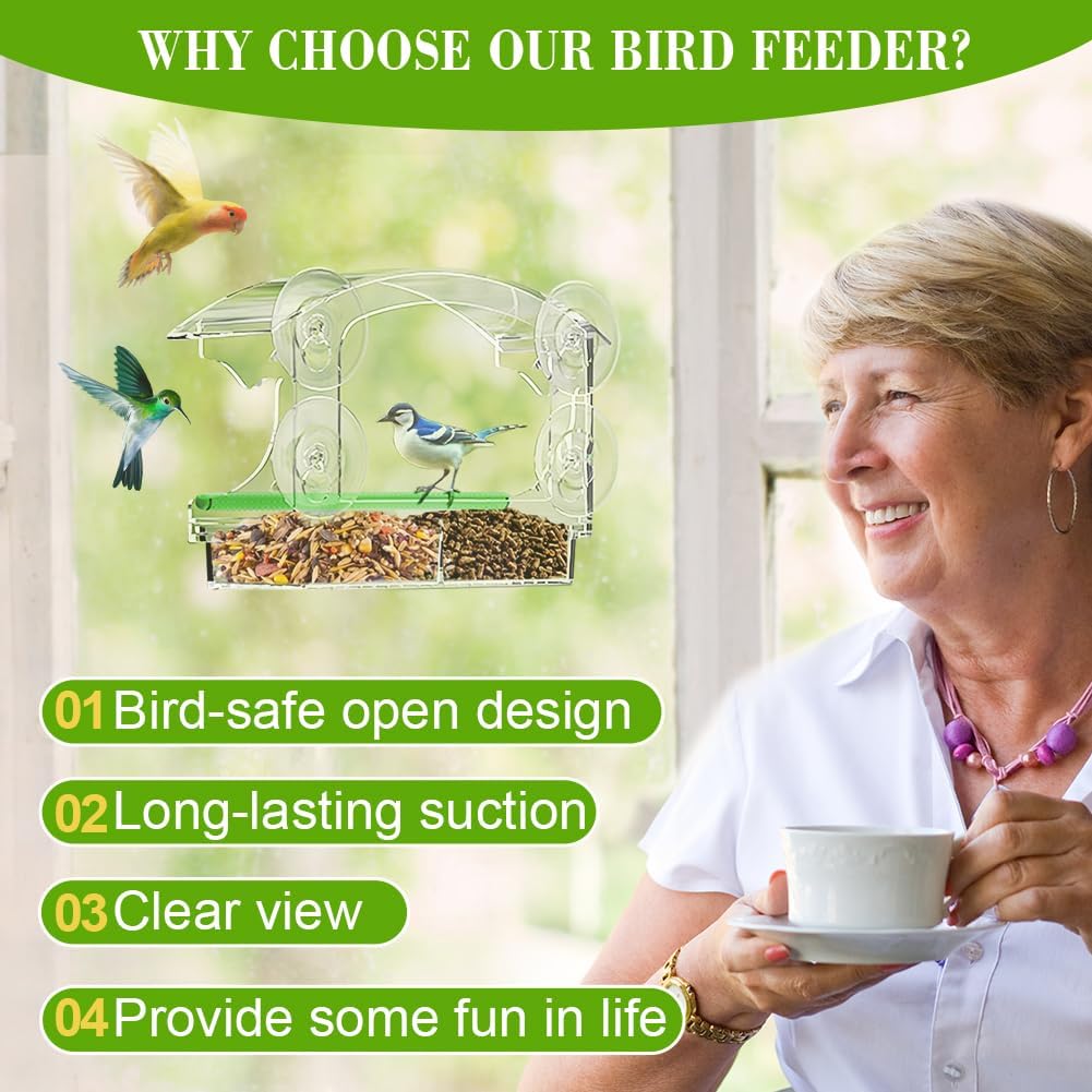 Detalle de OFFCUP Window Bird Feeder with 4 Suction Cups and Removable Seed Tray
