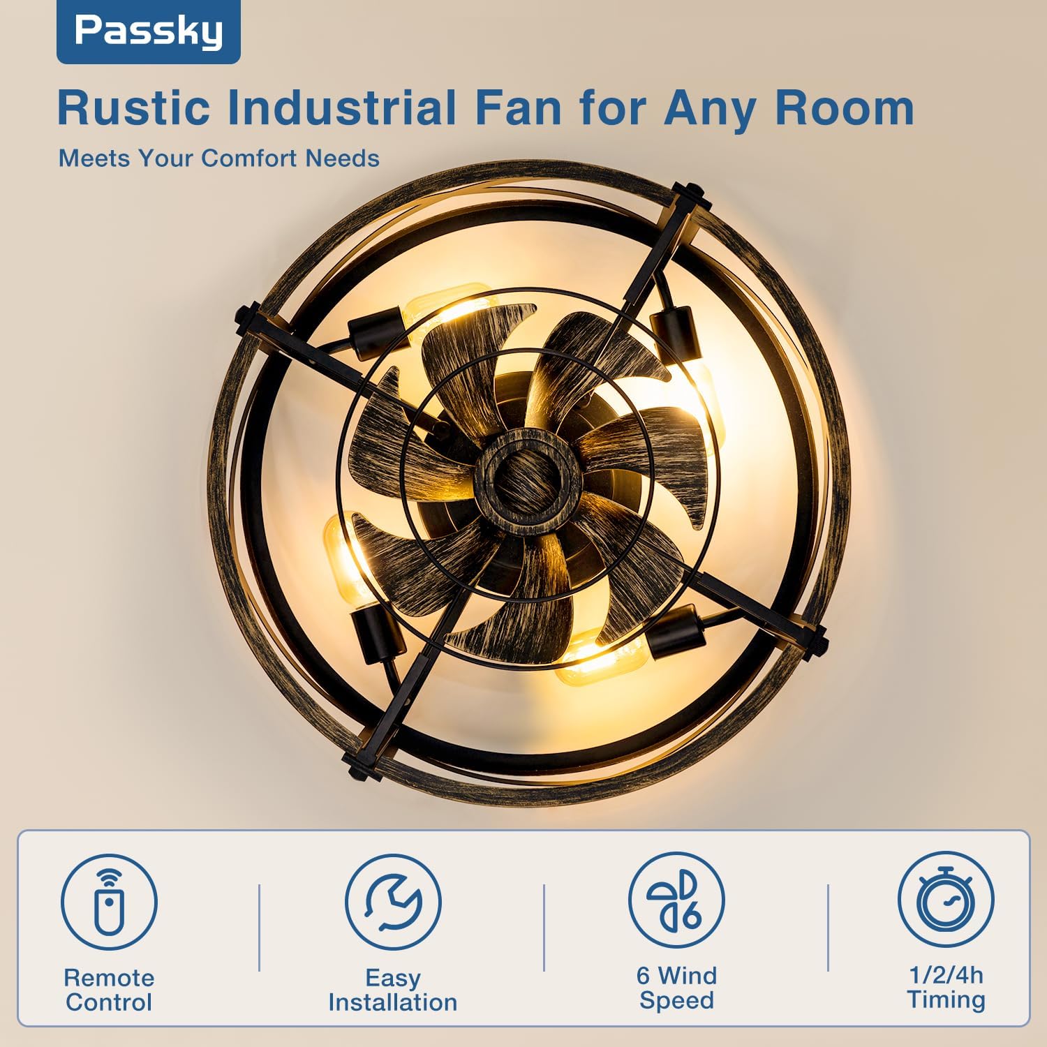 Thumbnail 2 de Passky 20" Farmhouse Flush Mount Ceiling Fan with Lights and Remote — Industrial Black Cage, 6-Speed DC Motor