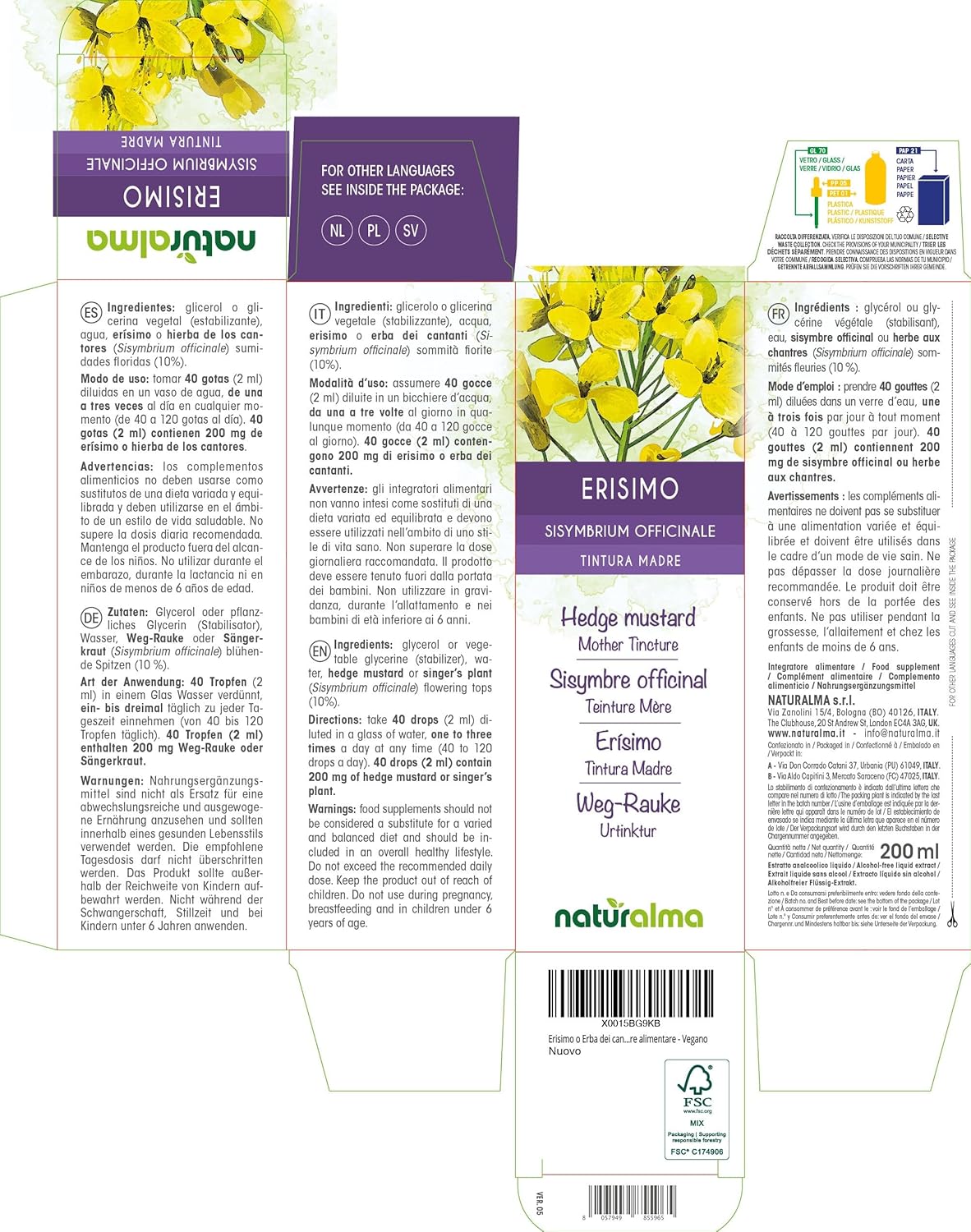 Detalle de Erisimo o Erba dei cantanti (Sisymbrium officinale) Tintura Madre analcoolica 200 ml — Integratore Naturale Vegano