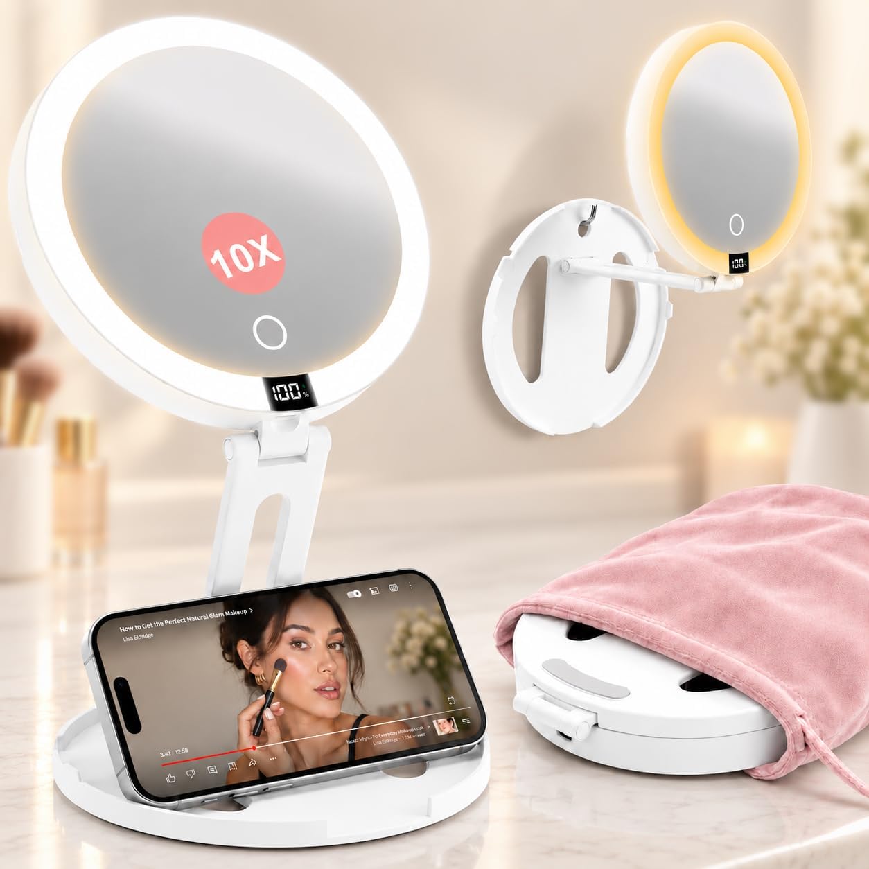 Detalle de dulvus Folding Makeup Mirror, 10X/1X, 3-Colour Lighting and LCD Display