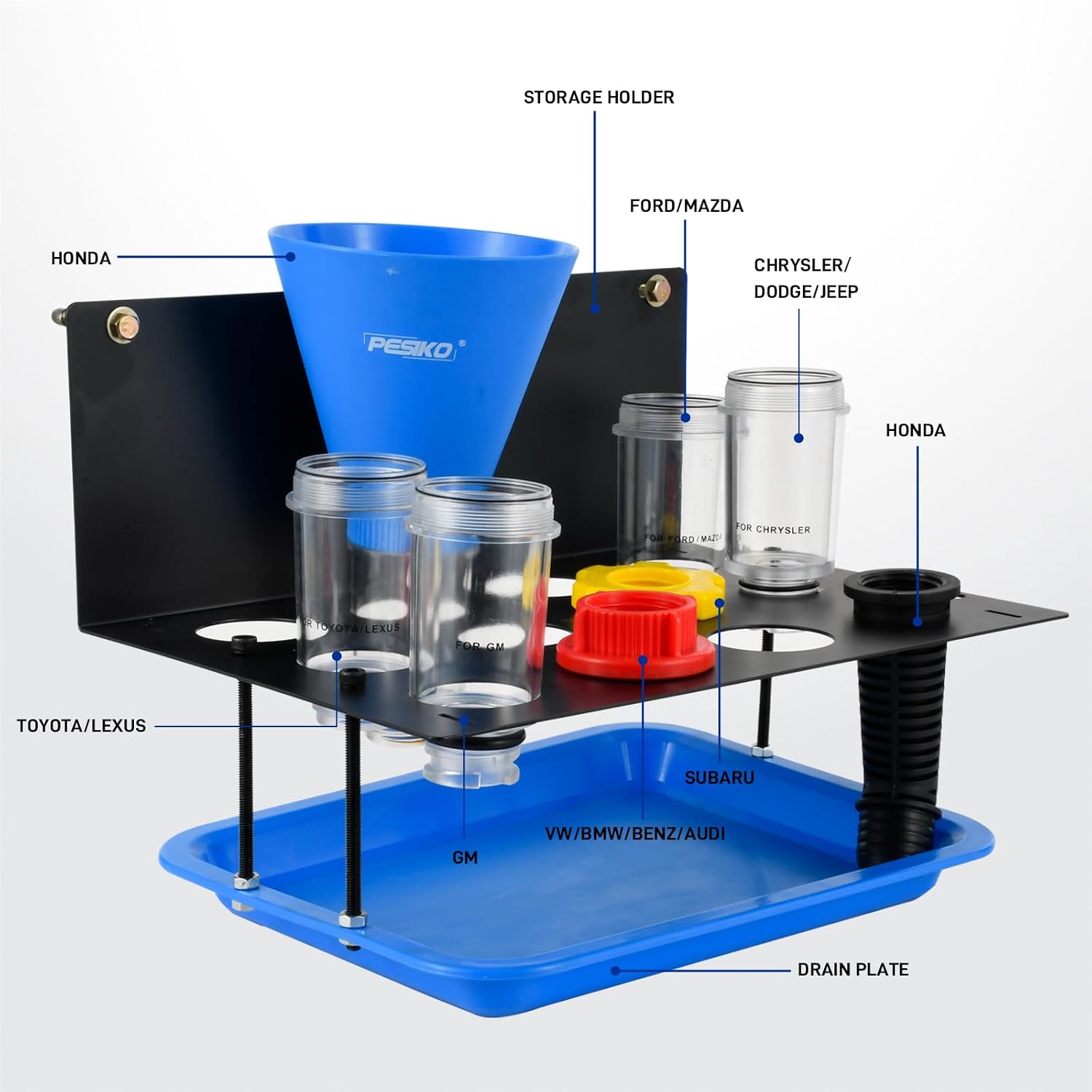 Detalle de PESIKO Engine Oil Funnel Kit: No Spill, Hands-Free Oil Change with 9 Adapters and Metal Storage Shelf