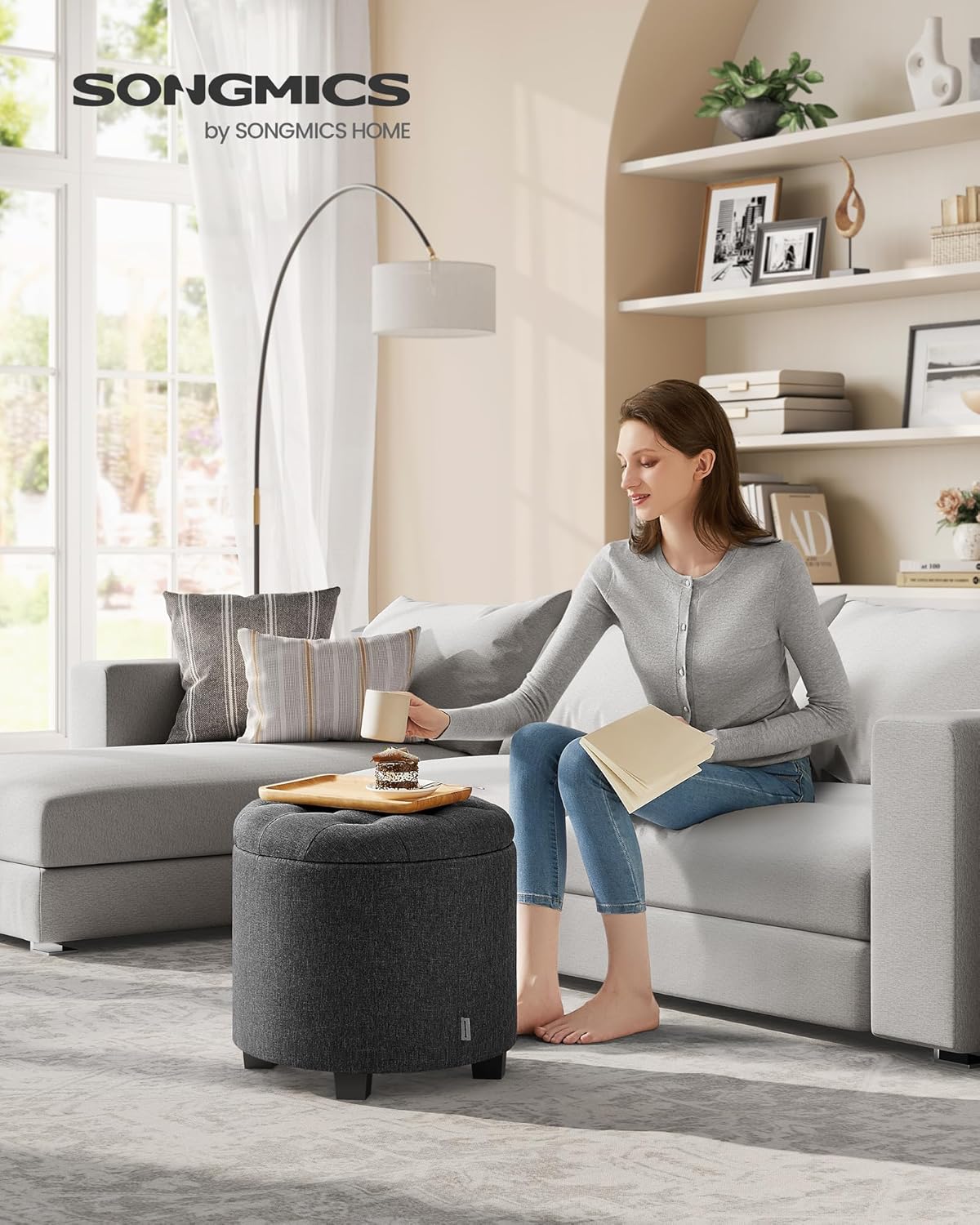 Thumbnail 1 de SONGMICS LOM011G01V1 pouf contenitore rotondo grigio scuro 45 x 45 x 44,5 cm