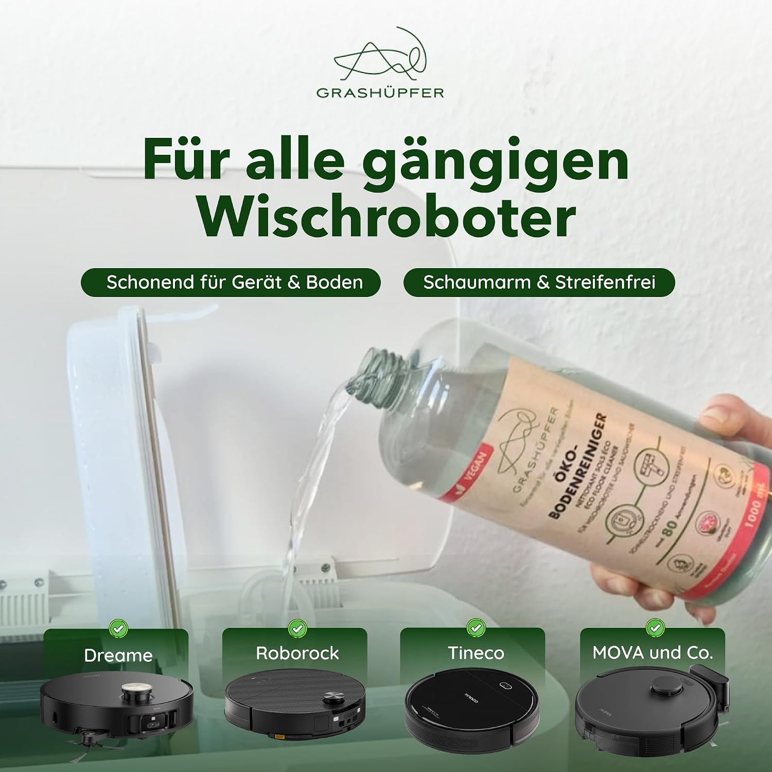 Detalle 2 de GRASHÜPFER® Öko Bodenreiniger für Wischroboter 3 x 1000 ml