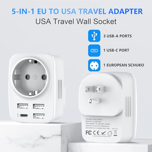 Detalle de Clomnpe Adaptador Enchufe USA 5 en 1 (2 piezas) – Europeo a Americano con 3 USB y USB-C