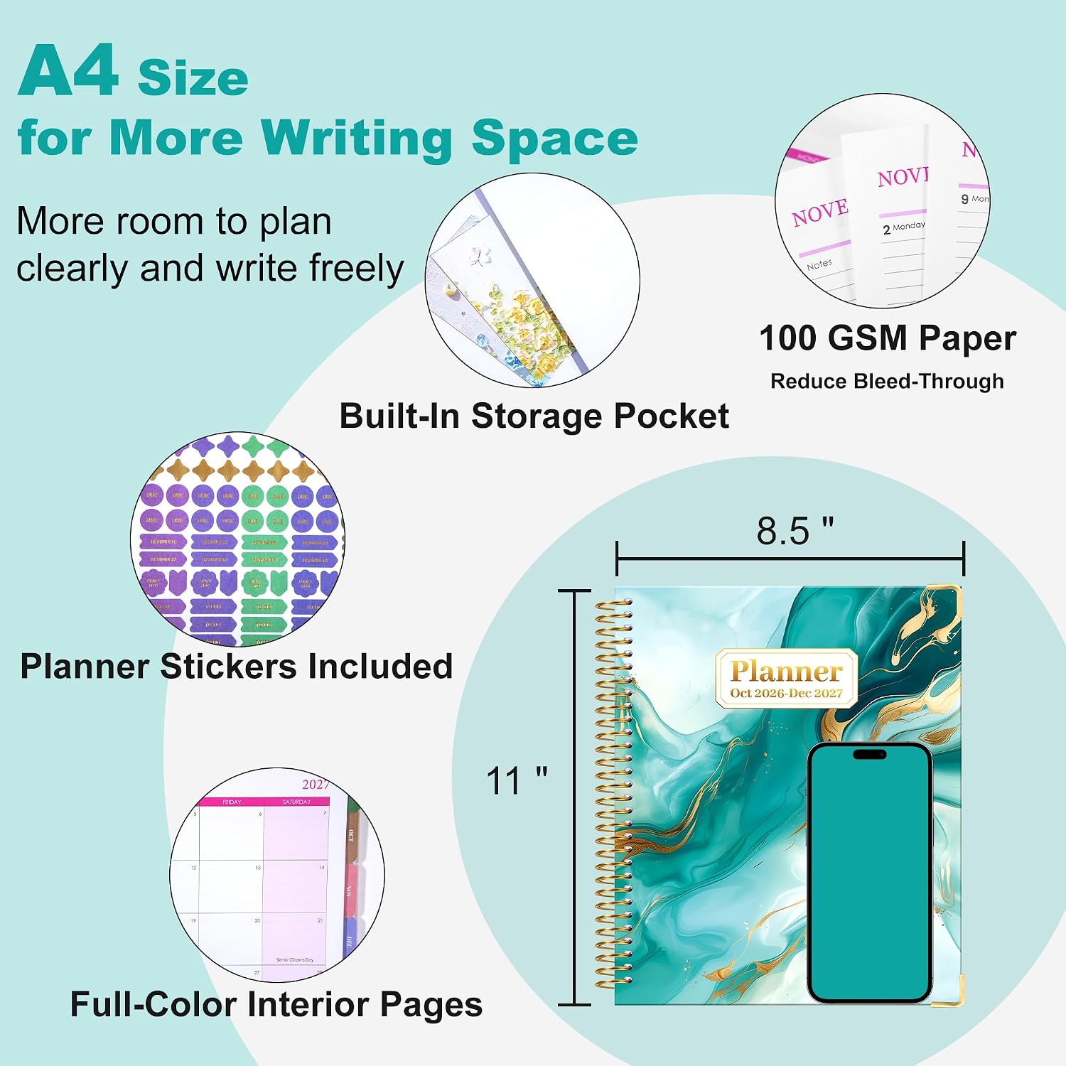 Thumbnail 6 de CAGIE 2026–2027 Planner, 15-Month Monthly & Weekly, 8.5" x 11", Green Marble