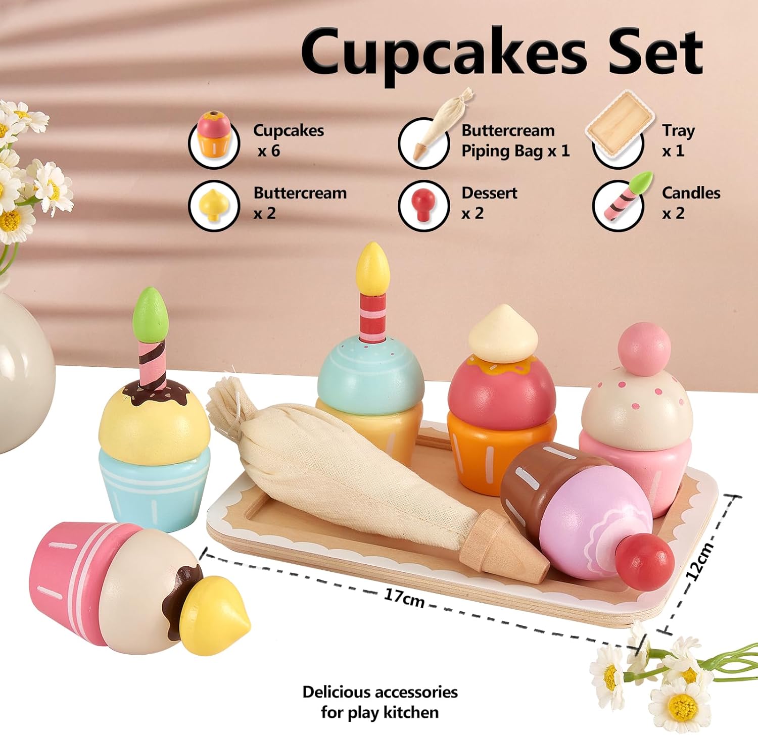 Thumbnail 4 de HERSITY Cupcake Holzspielzeug-Set für die Kinderküche – Torten, Dekorationen und Backutensilien