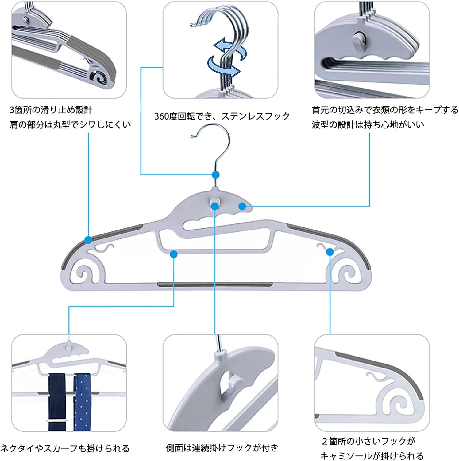 Detalle de tkone ハンガー 20本組 省スペース設計・すべり止め付き・360度回転フック