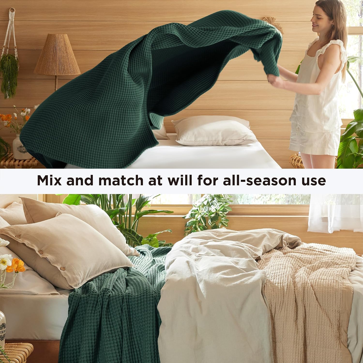 Detalle de Bedsure King Cotton Waffle Blanket, Dark Green, 108" x 90