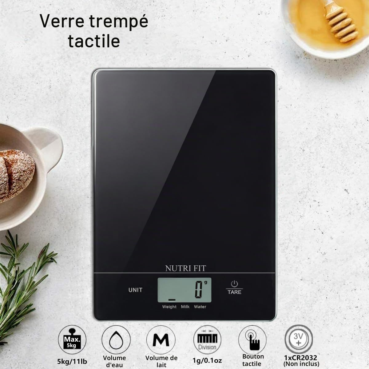 Detalle 2 de NUTRI FIT EK9159 digitale keukenweegschaal van gehard glas, 5 kg, 1 g