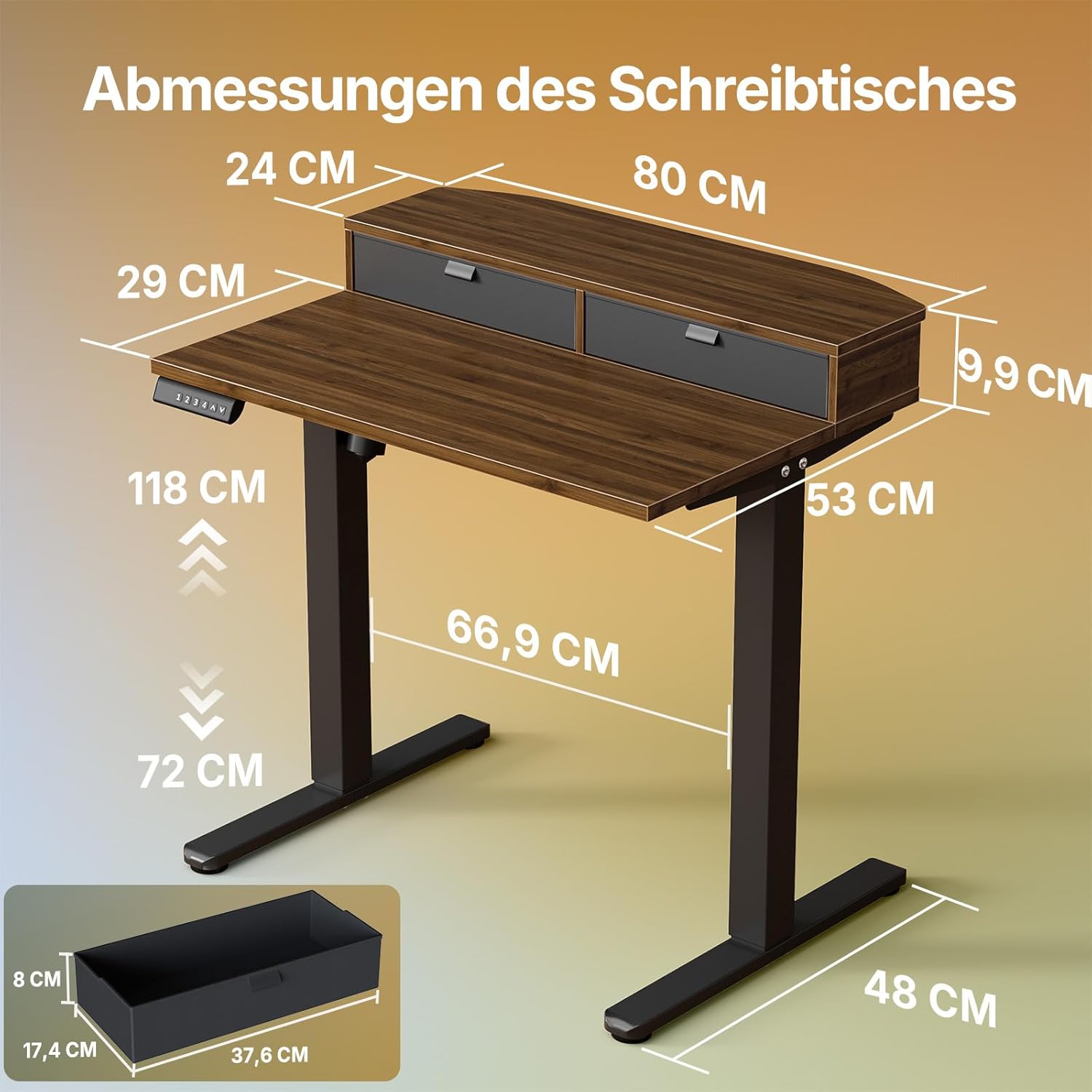 Thumbnail 1 de HUANUO Höhenverstellbarer Schreibtisch 80x53 cm mit Schubladen – 4 Gedächtnis-Höheneinstellungen, C-Klemme kompatibel