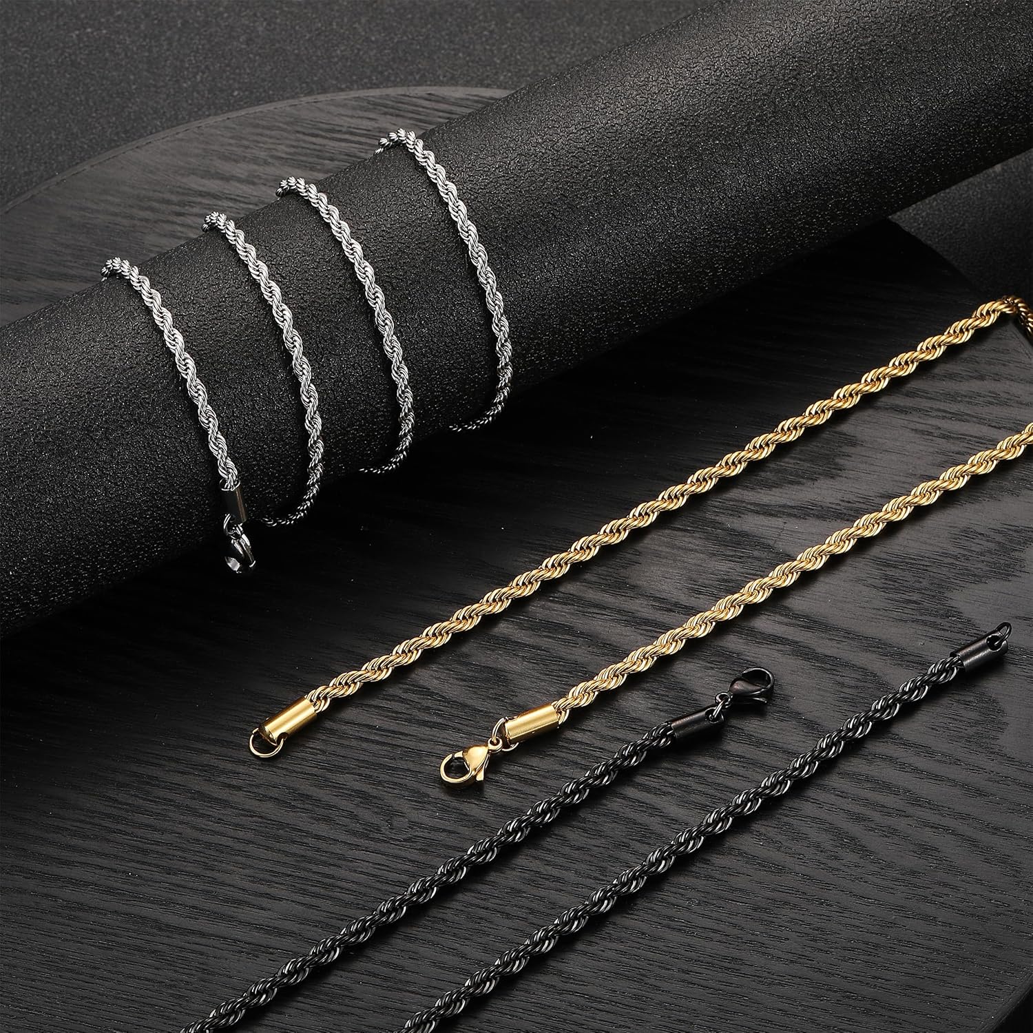 Detalle 2 de RWQIAN Kordelkette Herren Edelstahl Verdrehte Kette 2–4 mm, Silber/Gold/Schwarz | 45–70 cm