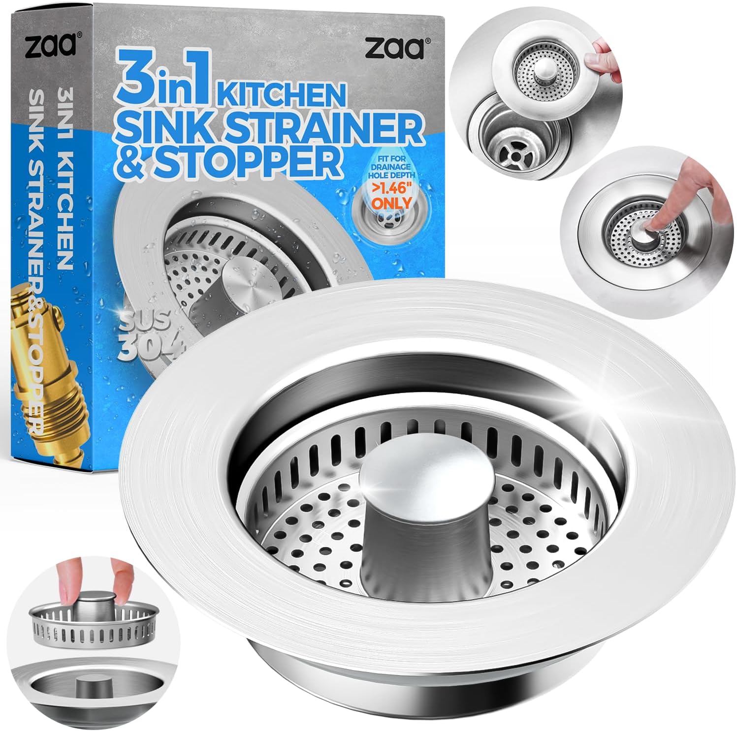 Detalle de ZAA CA-Kitchen Drain Strainer-steel 3-in-1 Sink Stopper and Strainer