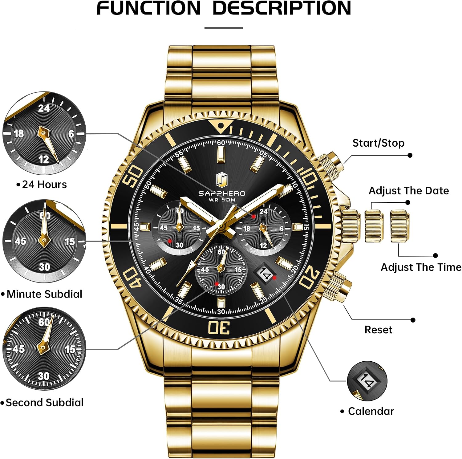 Thumbnail 6 de SAPPHERO Orologio uomo analogico al quarzo con cronografo, 50M impermeabile e cinturino in acciaio