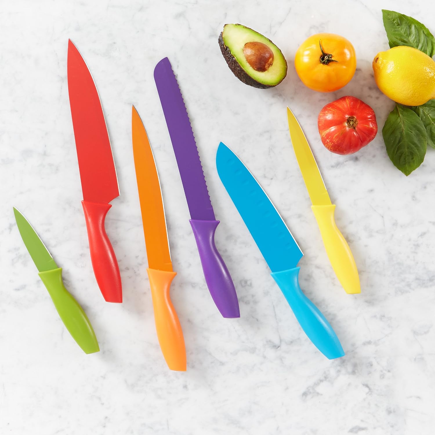 Detalle de Amazon Basics Messer-Set, bunt, 12-teilig – vielseitiges Küchen-Set mit Farbcodierung