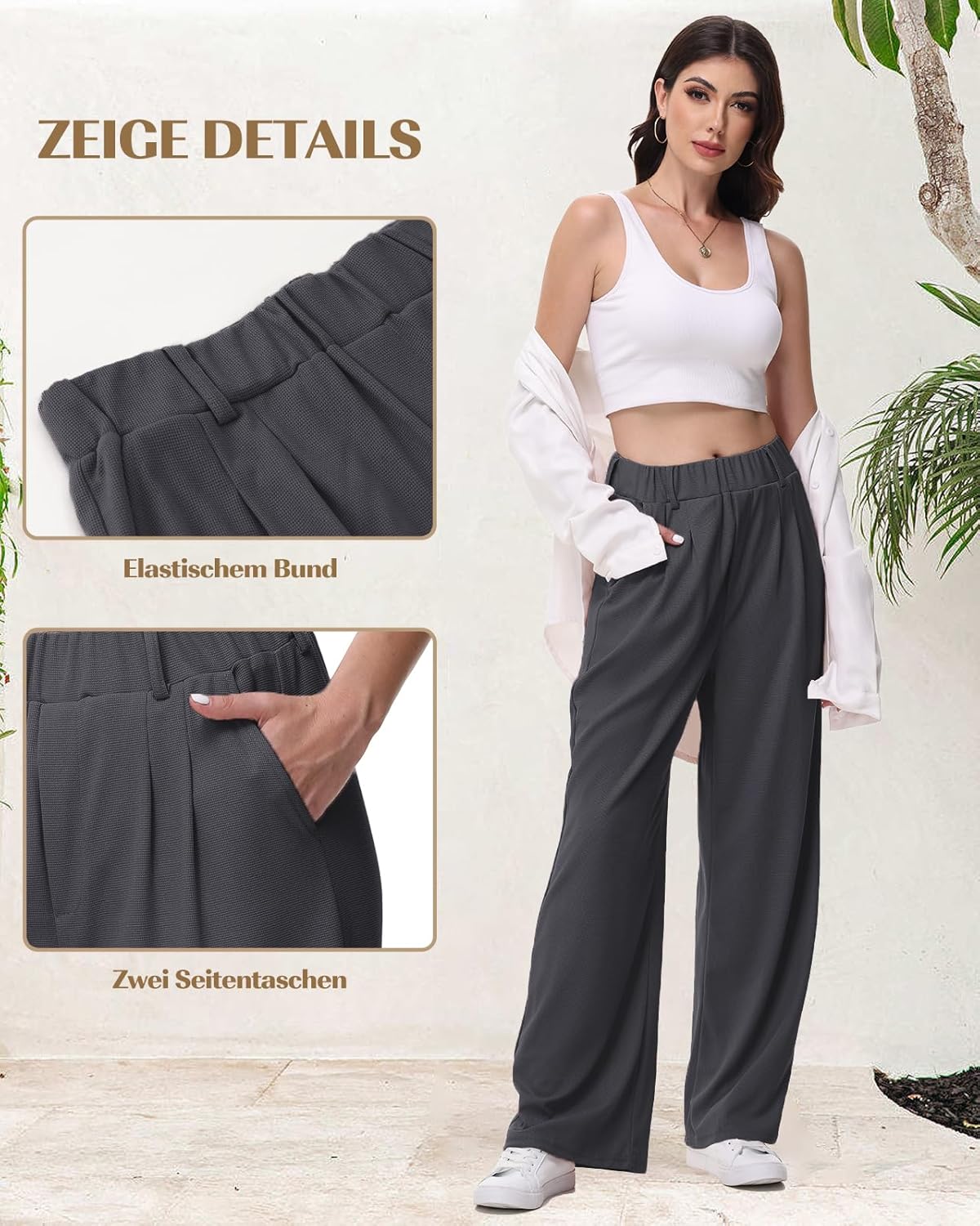 Thumbnail 4 de HMIYA Weite Hose Damen – Palazzo mit elastischer Taille, locker fallend und atmungsaktiv