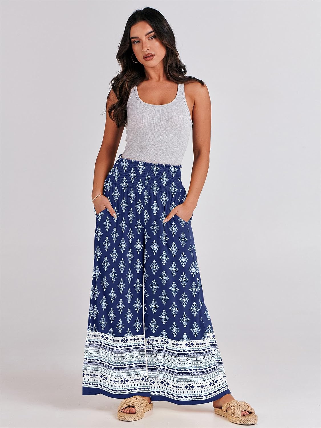 Detalle de ANRABESS Women Palazzo Pants: Boho Wide-Leg Comfort with Hidden Pocket