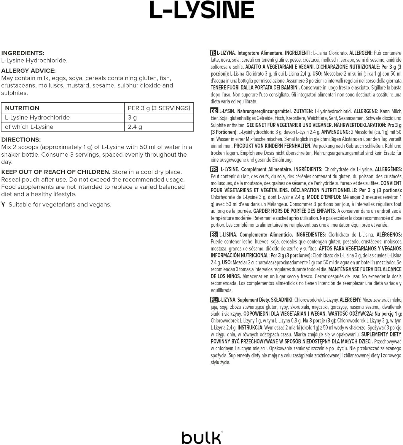 Detalle 2 de Bulk L-Lisina Non aromatizzato, 500 g – 500 porzioni: sintetico, puro e pratico per integrazione proteica