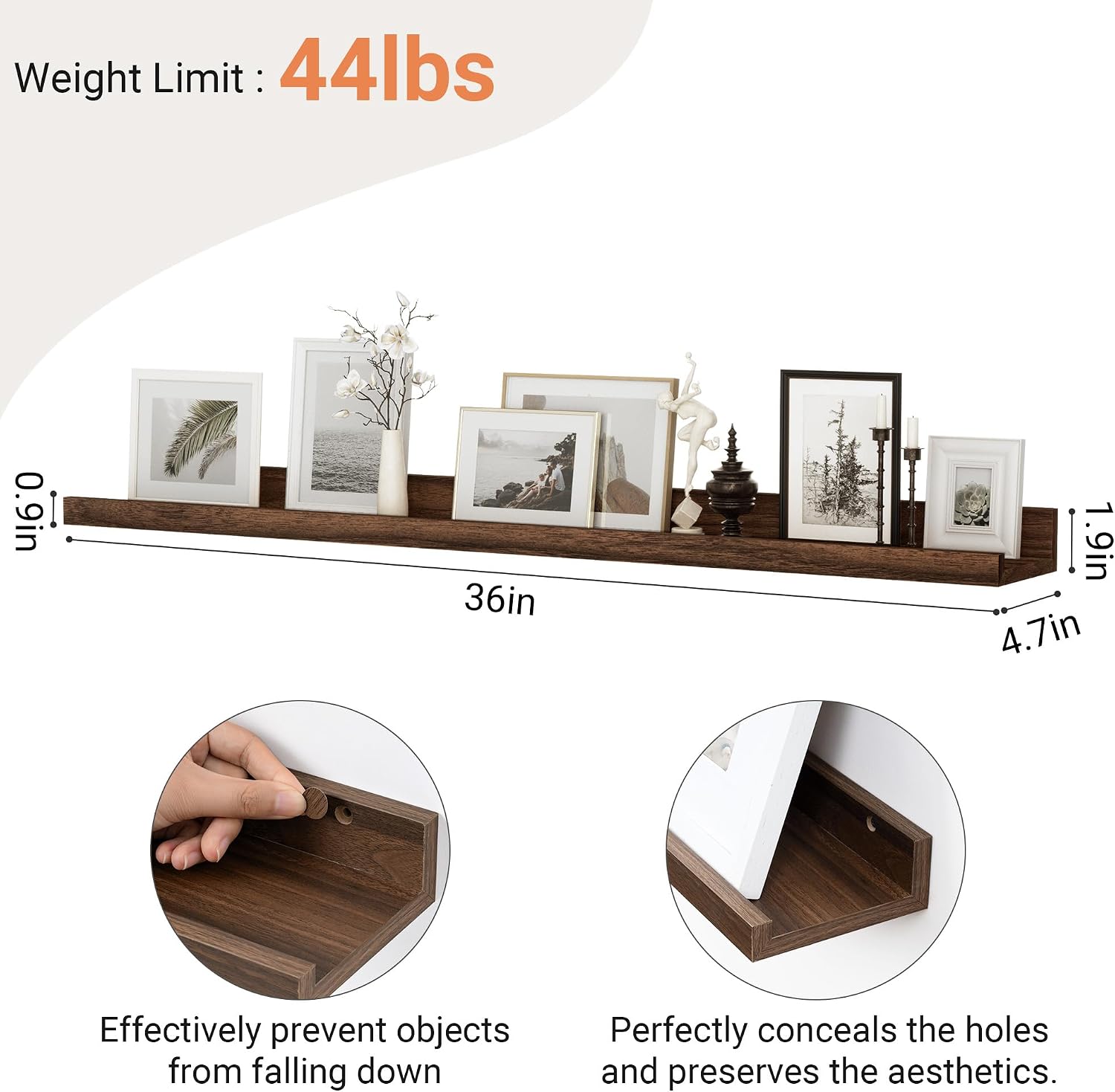 Detalle de Floating Shelves Set of 2, 90 cm Walnut Floating Shelves with Ledge (Wall-Mounted)