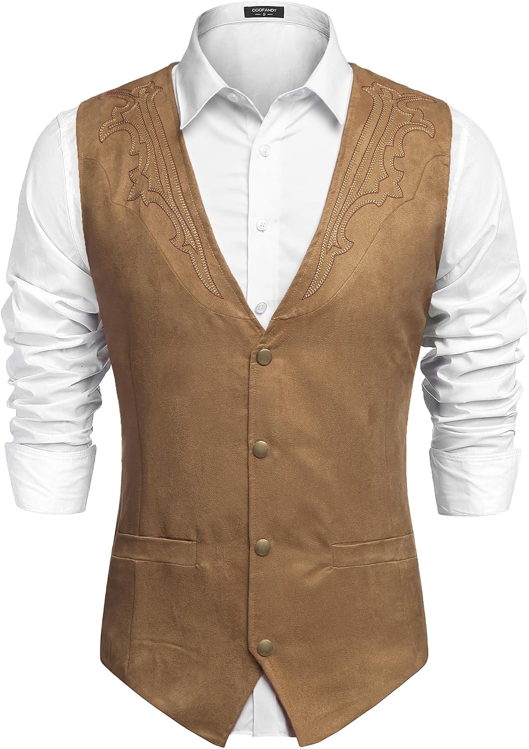 Detalle de COOFANDY Men's Western Suede-Look Vest, Slim Fit, Lined, 4-Button Front