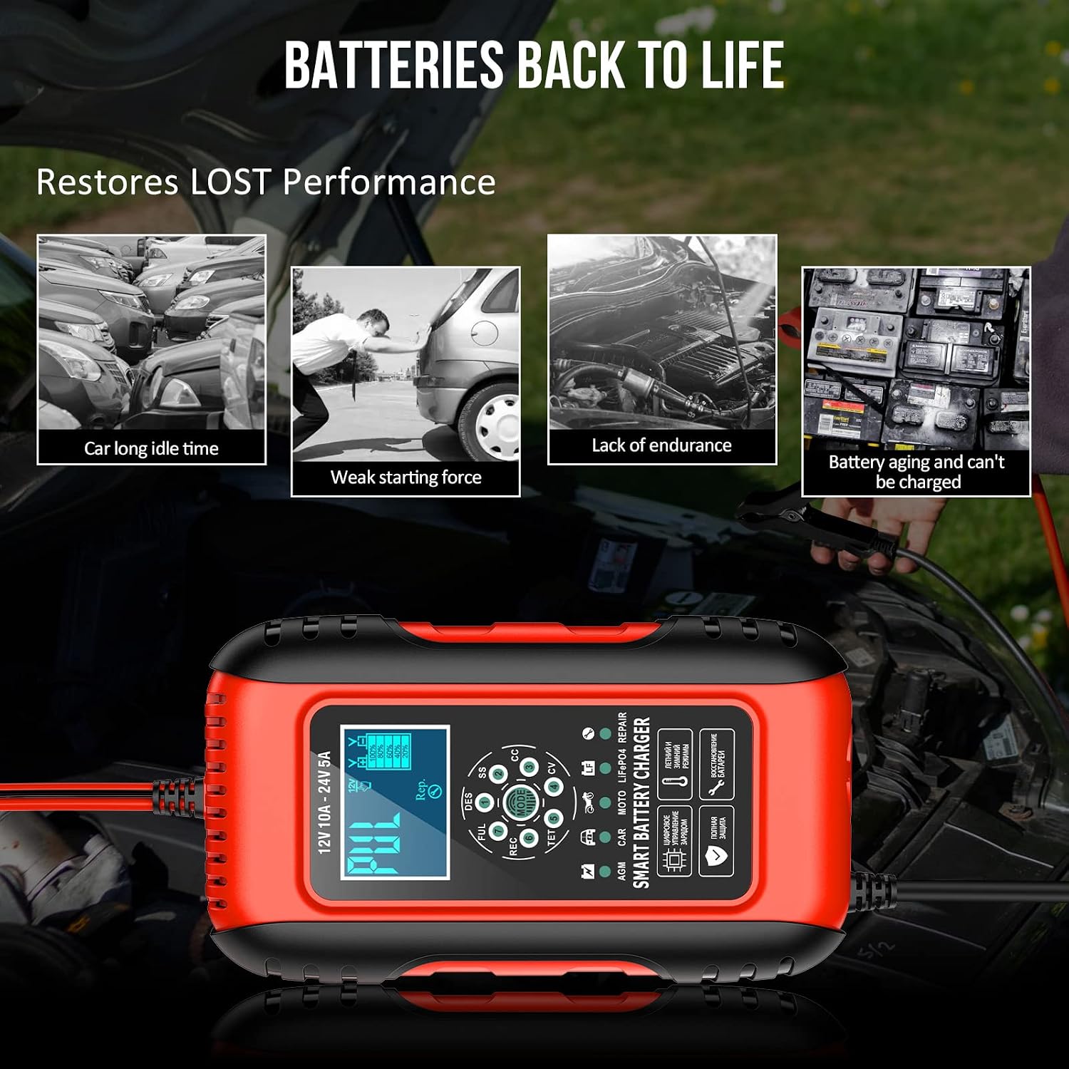 Thumbnail 6 de Husgw 10Amp Car Battery Charger 12V/24V (7-Stage) Smart Maintainer & Pulse Repair
