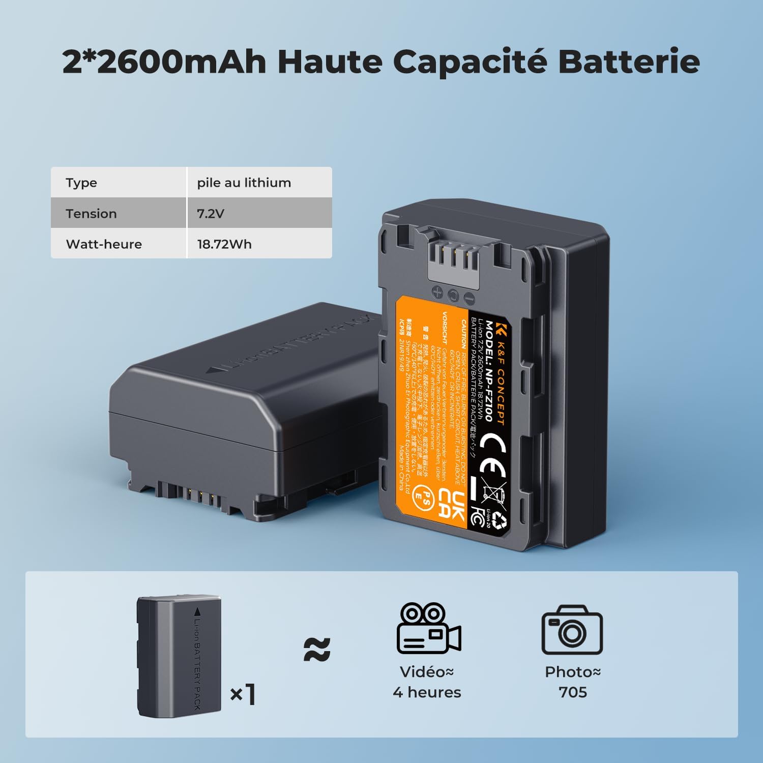 Thumbnail 1 de K&F CONCEPT Batterie 2600 mAh NP-FZ100 + chargeur double avec écran LCD (compatibles Sony A7 III/A7 IV, FX3, FX30, ZV-E1…)