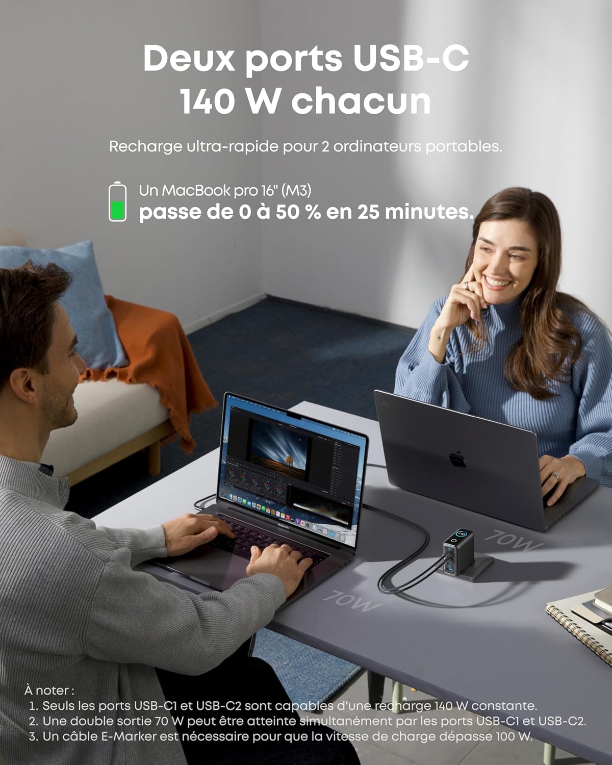 Detalle de Anker Chargeur USB C 140W, Adaptateur Ordinateur 4 Ports - Compact et rapide