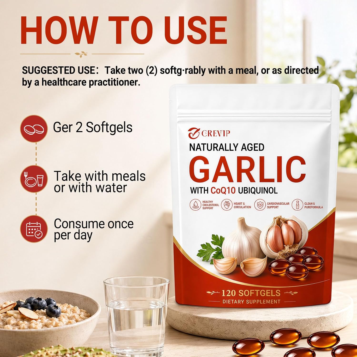 Detalle 1 de GREVIP Aged Garlic Extract Softgels, 120 Count with CoQ10 and Vitamin K2