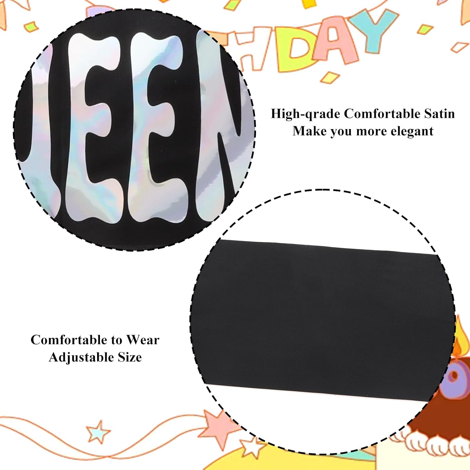 Detalle de Wanciler Birthday Satin Sash — Birthday Queen, Black with Glitter