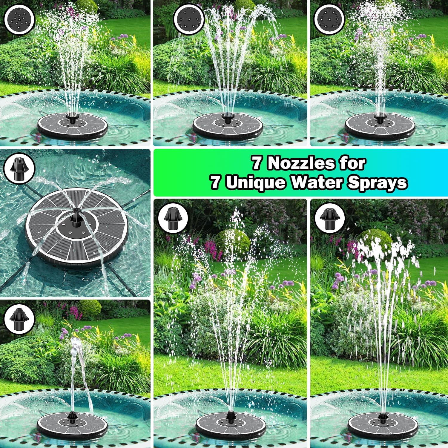 Thumbnail 2 de SZMP Solar Fountain Colorful LED with 3-Level Height Adjustment and 7 Nozzles
