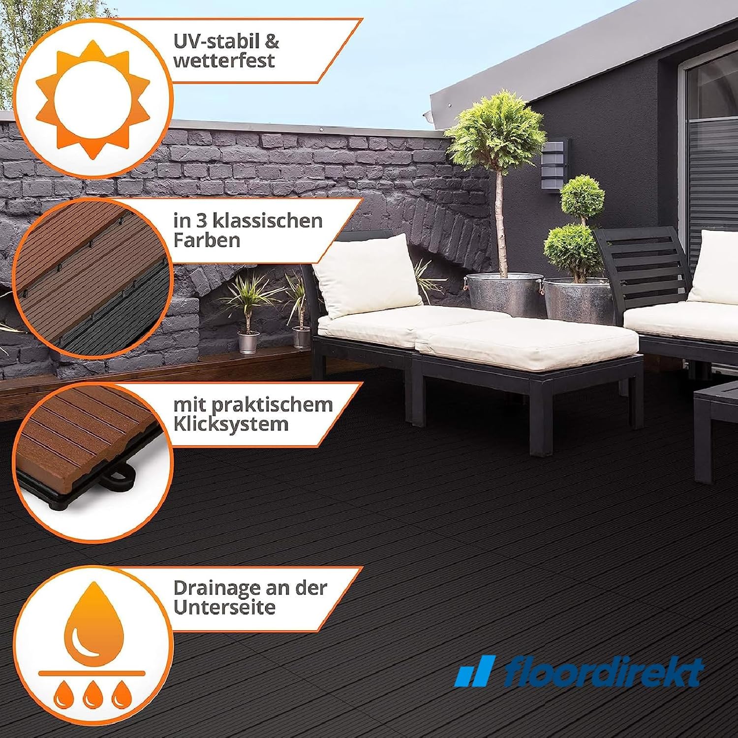 Thumbnail 4 de Floordirekt WPC Fliesen 60 x 30 cm „Royal“ in Holzoptik – Klick-Bodenbelag für Balkon & Terrasse (Anthrazit)