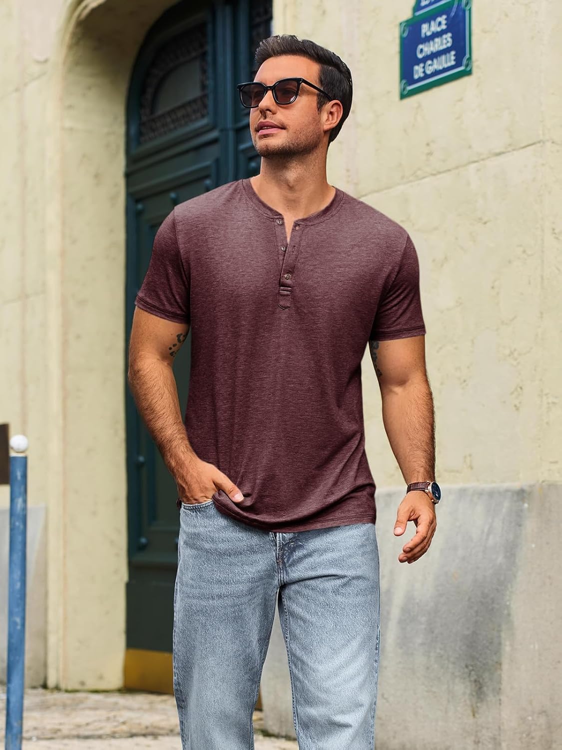 Thumbnail 3 de Runcati Herren T-Shirt Henley Kurzarm – Regular Fit, Einfarbig