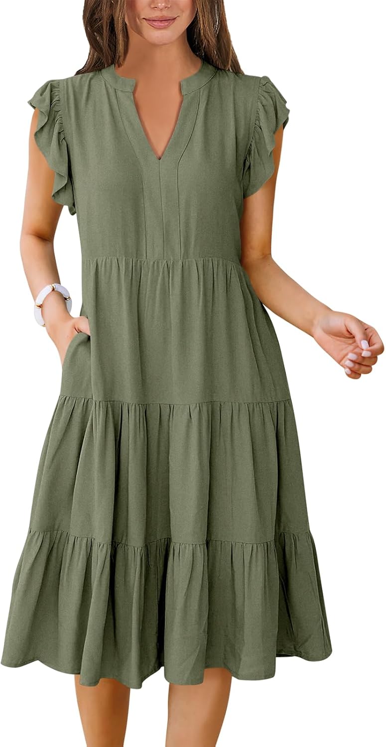 Detalle de ANRABESS Women’s Summer Ruffle Sleeve V-Neck Midi Dress (Tiered Boho Style)