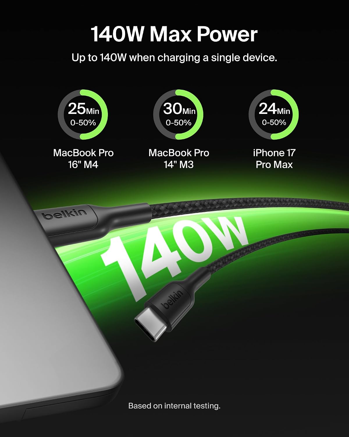 Detalle de Belkin BoostCharge Pro 2-in-1 USB-C to USB-C Charger Cable 140W: Dual charging with smart power sharing