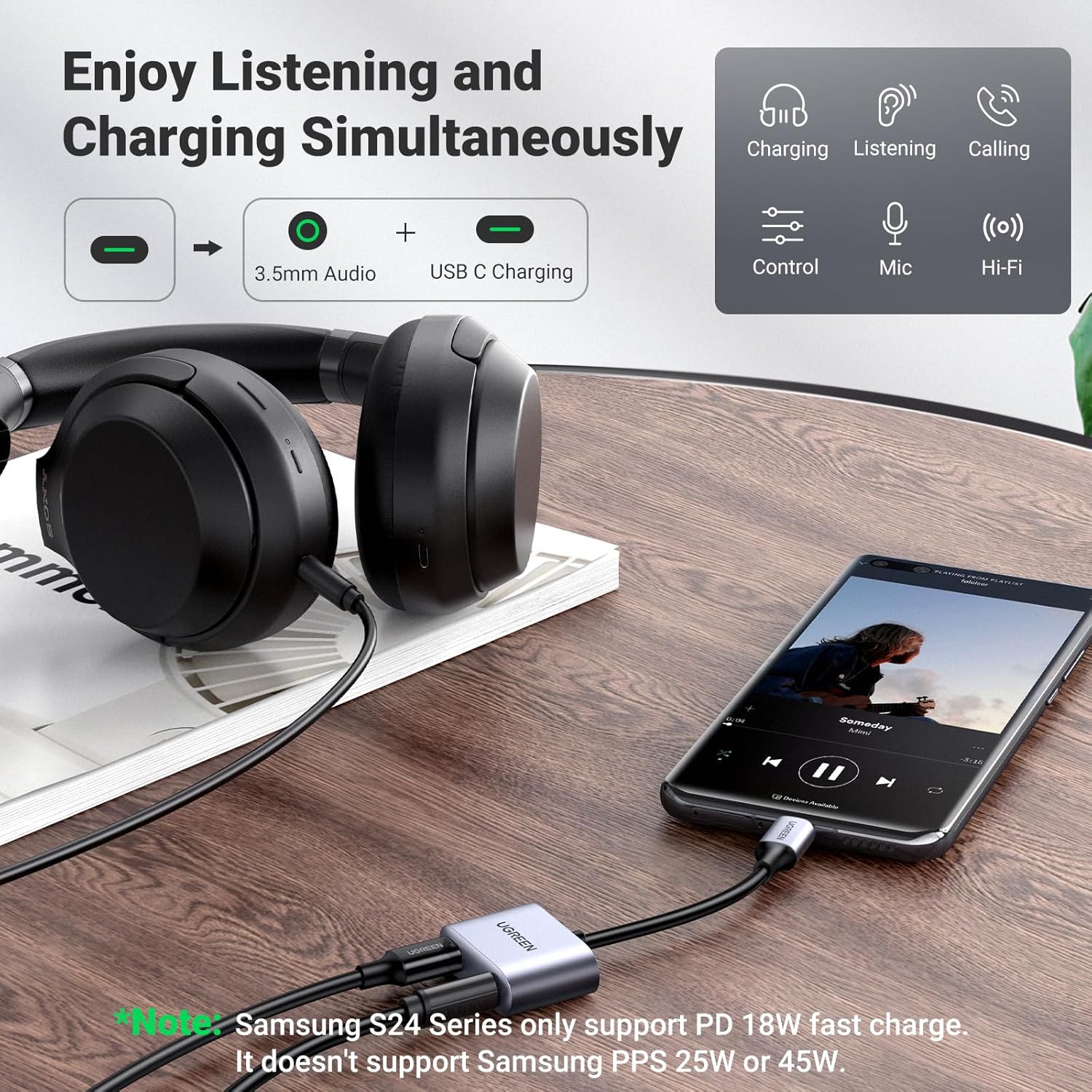 Detalle de UGREEN USB C Aux splitter 60W DAC