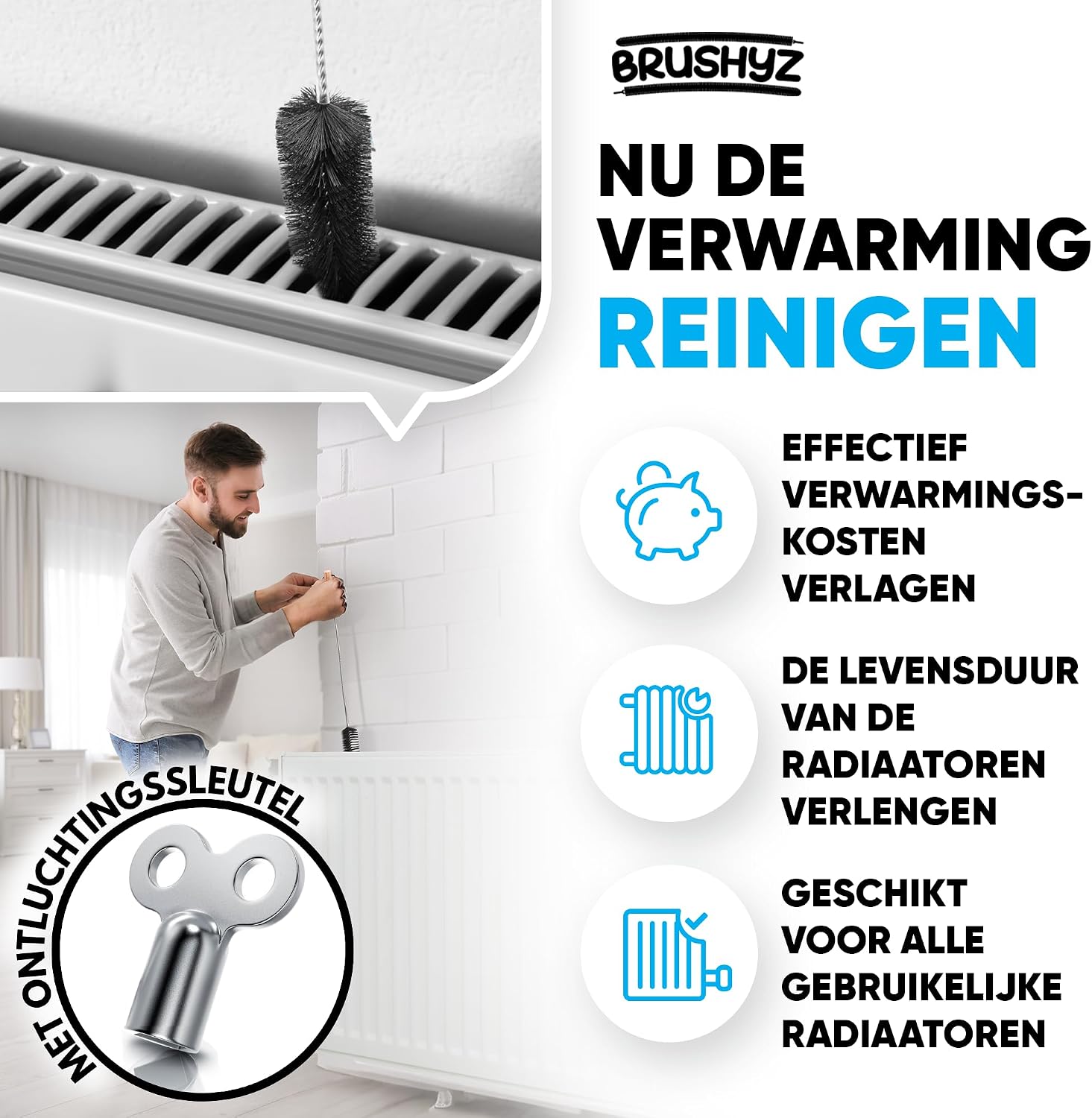 Detalle 2 de BRUSHYZ BRU-003 radiatorborstel, 117 cm, flexibel met zachte nylon haren