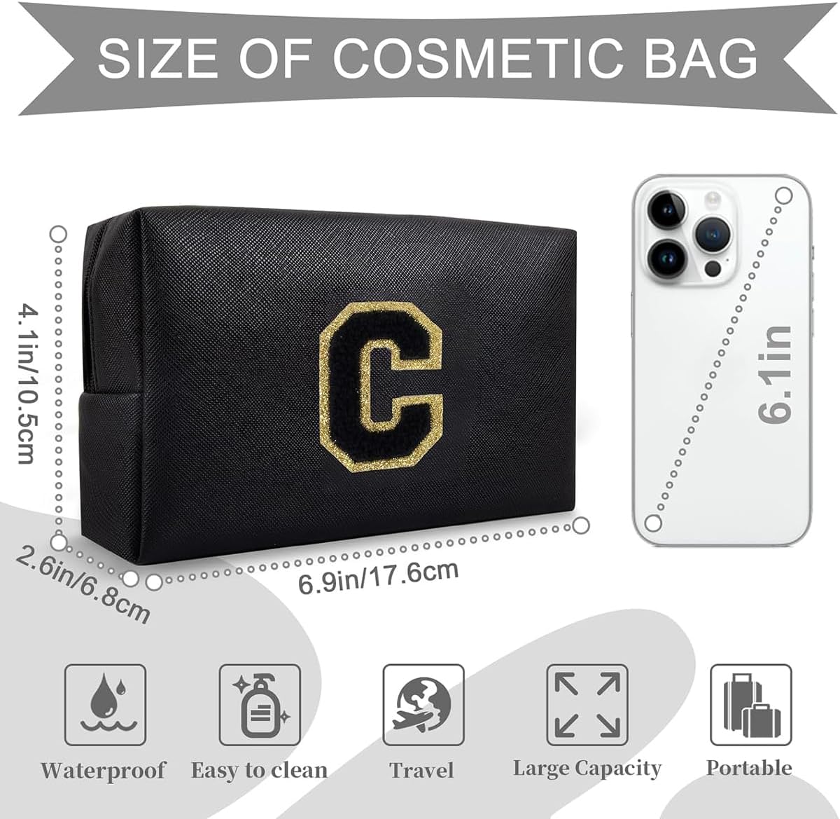 Thumbnail 1 de Anntry Small Personalised Initial Letter Makeup Bag – Pink PU Leather with Gold Chenille Patch