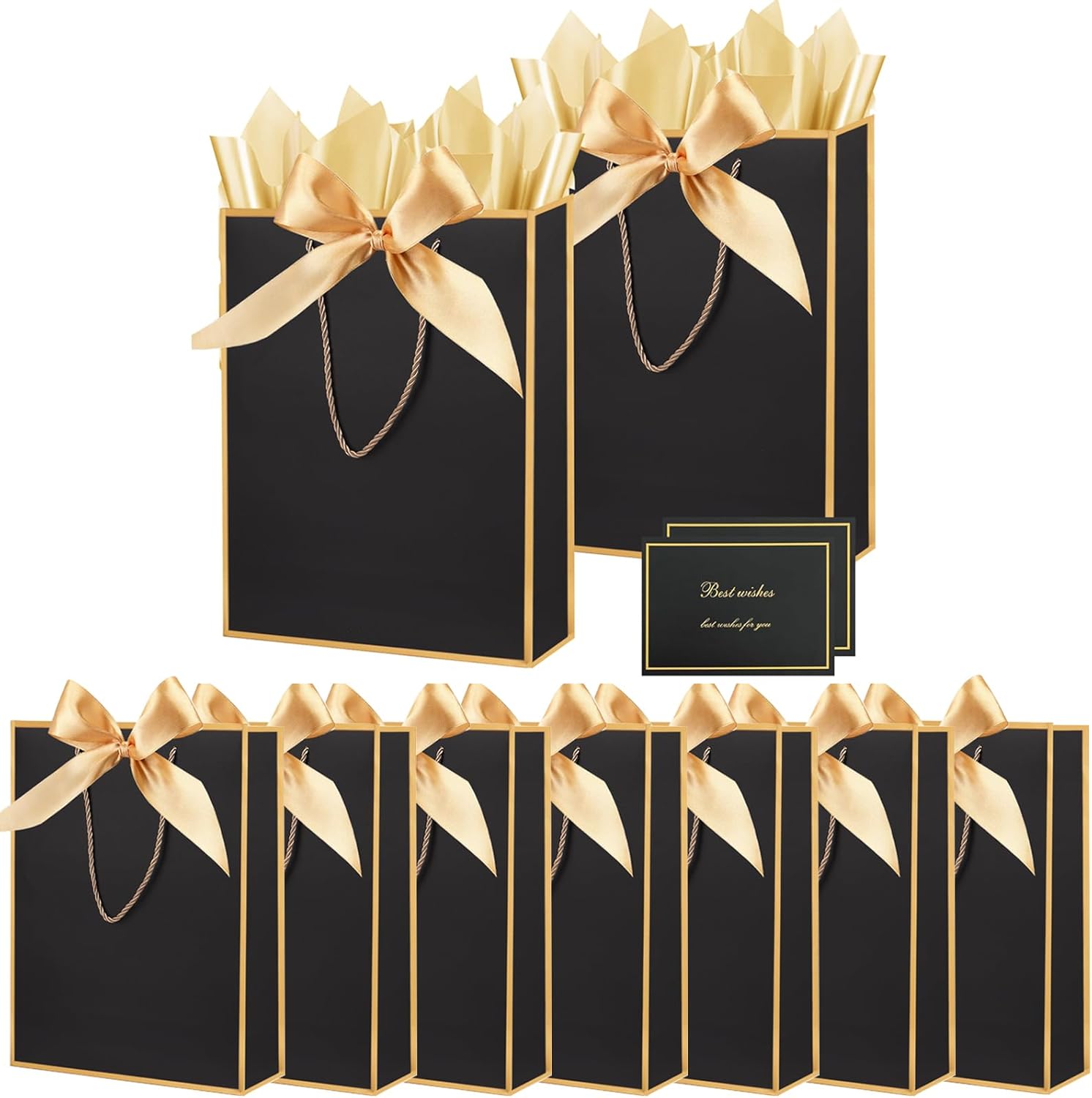 Detalle de Gift Bags for Presents, 12 Pack Medium Paper Bags with Bow Ribbon and Tissue Paper – Black