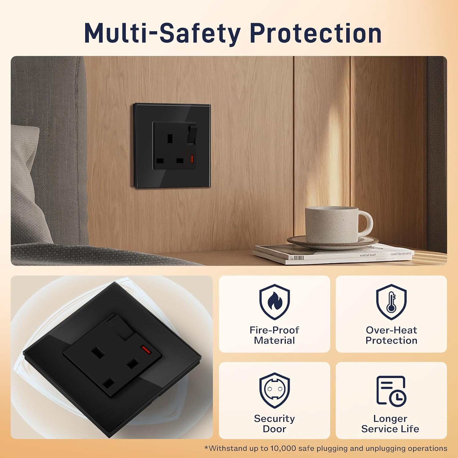 Thumbnail 3 de BSEED Single Socket 13A with LED Indicator – UK Standard, Glass Panel, Black