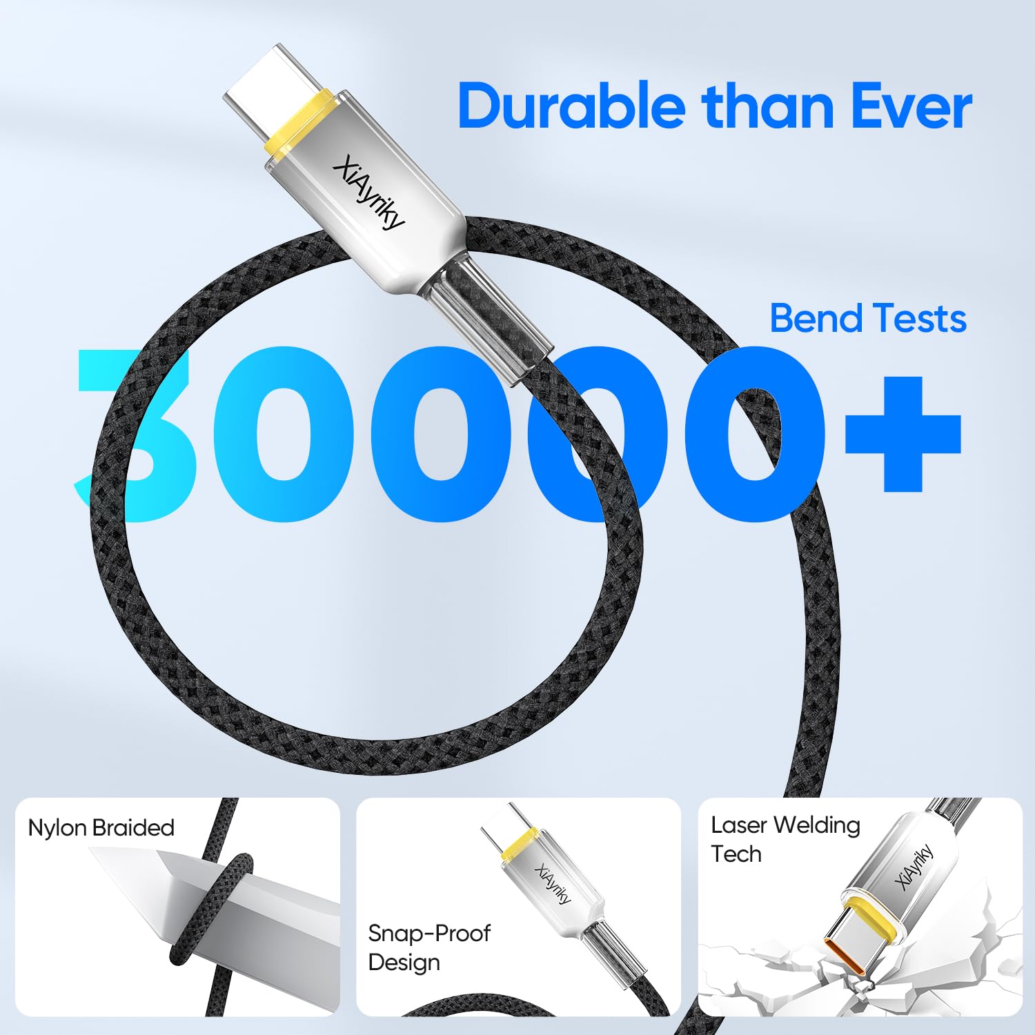 Detalle de 15FT USB-C Cable with 60W Fast Charging and 480Mbps Data Transfer – Braided Grey, 15 ft