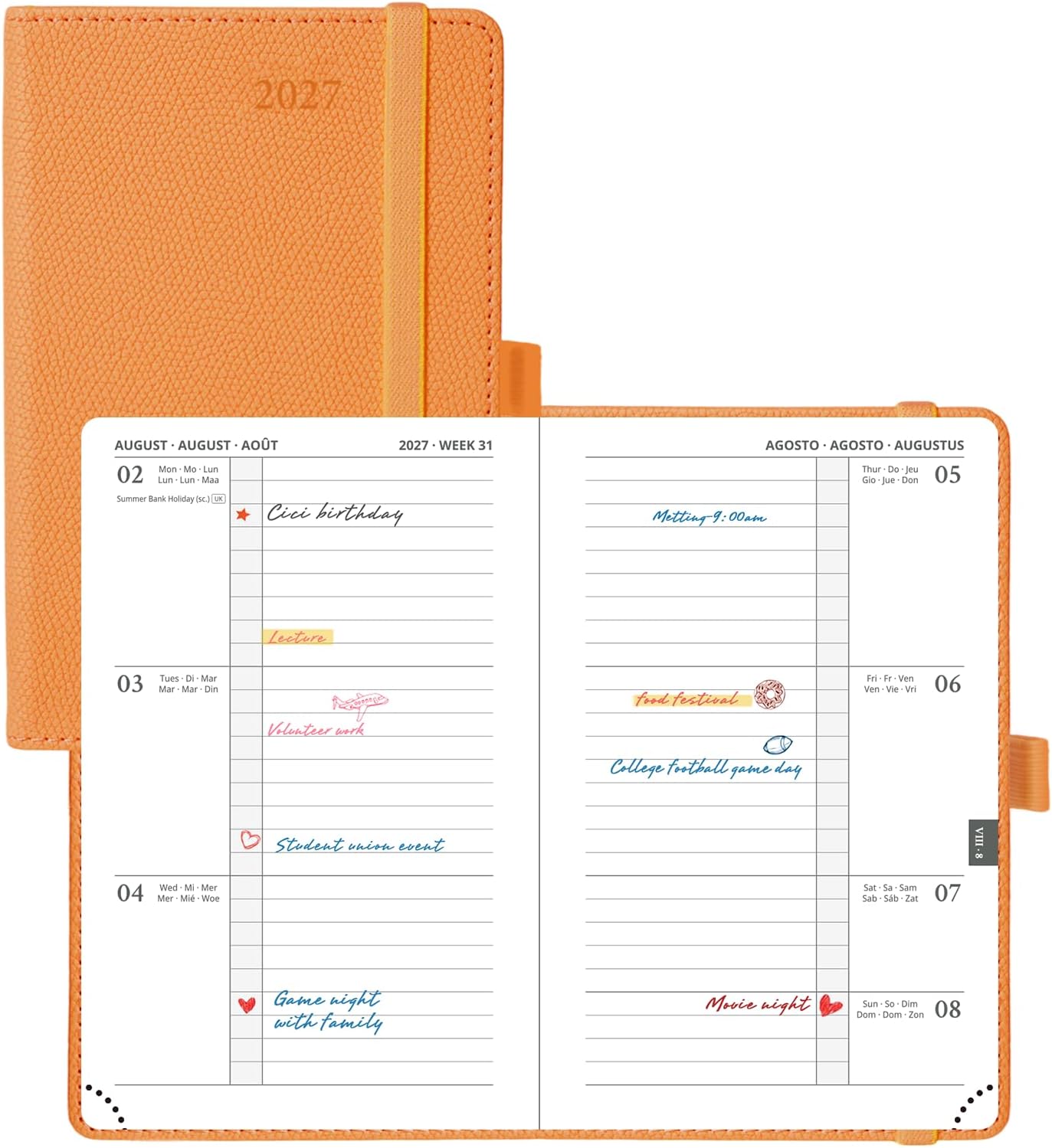 Detalle de POPRUN C6TLA6-OR zakagenda 2027, A6, oranje hardcover van kunstleer