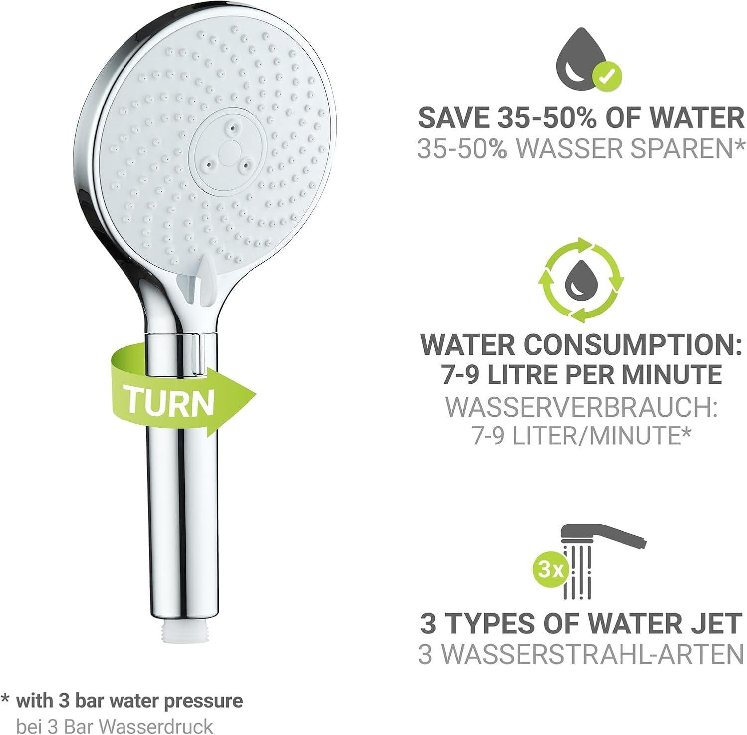 Detalle de WENKO Water Saving Duschkopf (12 cm) mit 3 Strahlarten, regulierender Handbrause & Universalanschluss
