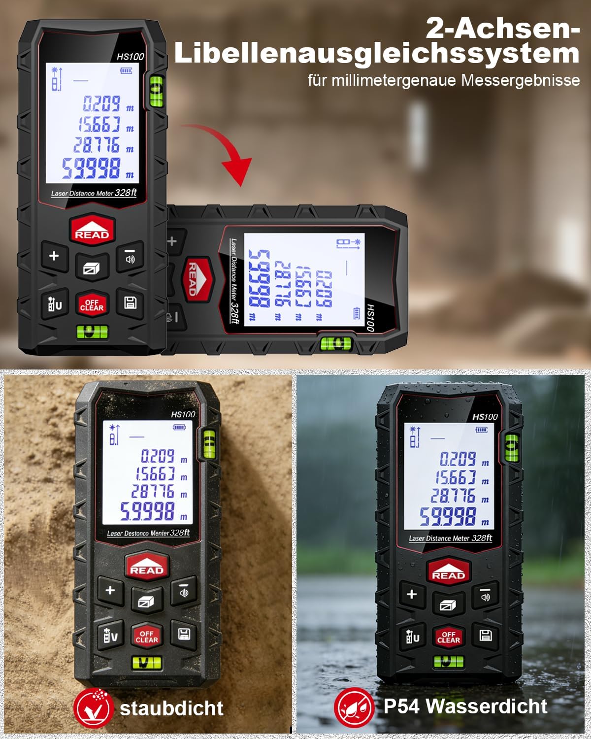 Detalle de Charcity Laser Entfernungsmesser für Räume – Dual-Level, IP54, Innen & Außen