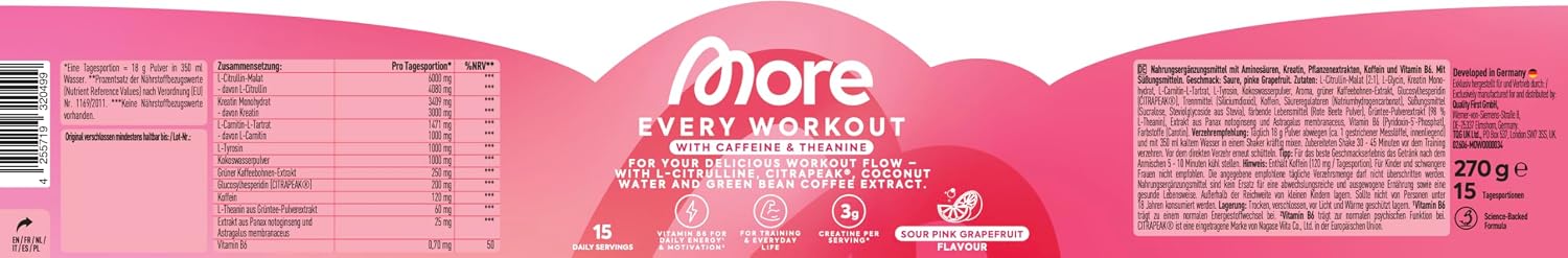 Detalle de MORE Every Workout – Pink Grapefruit Pre-Workout Booster, 270 g