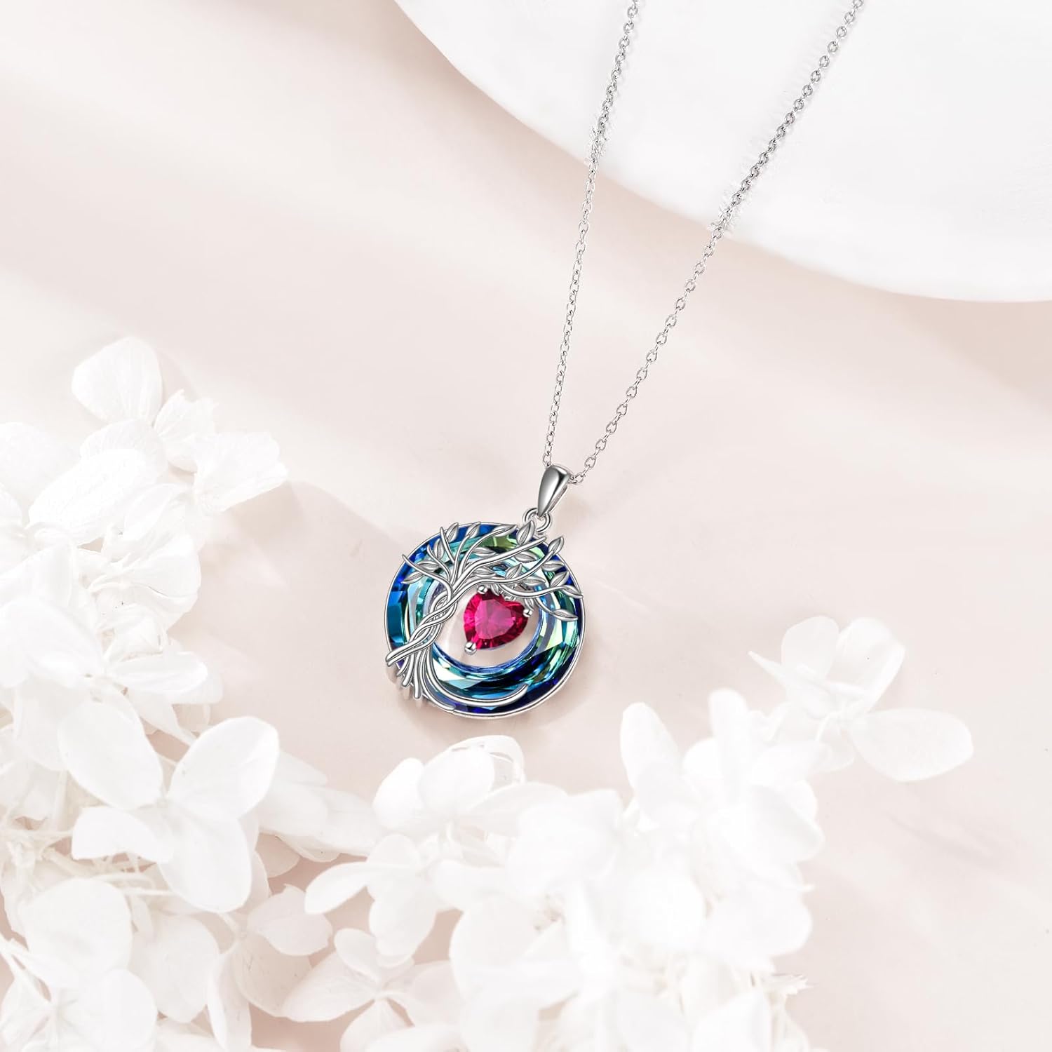 Detalle de POPLYKE Lebensbaum Geburtsstein Kette aus 925 Sterling Silber – Baum des Lebens mit Rubin (Juli)