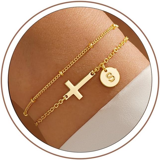 Detalle de TINGN Armband für Damen in Gold mit Kreuz, 14K vergoldet – personalisierte Monogramm-Kettenarmband