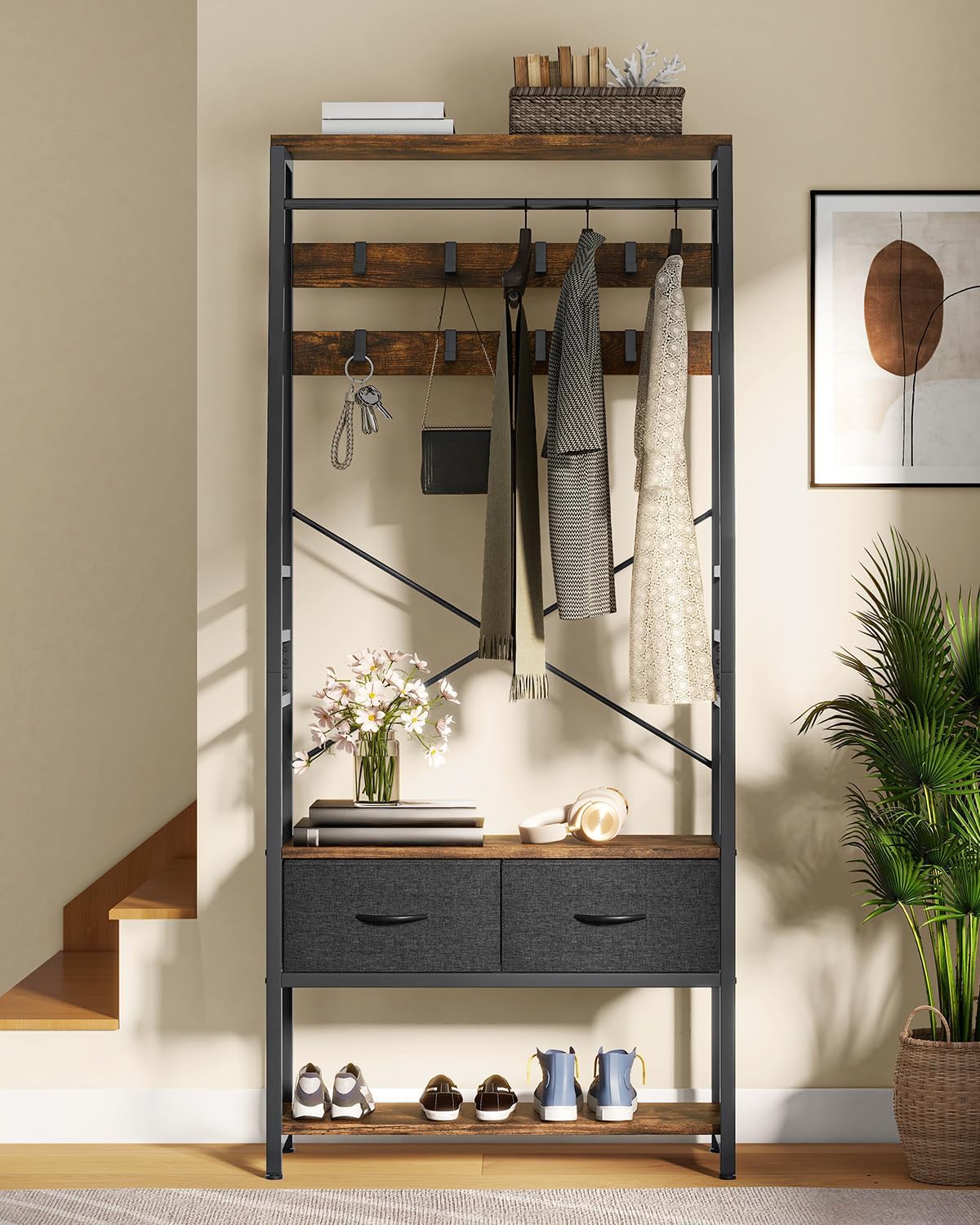 Thumbnail 6 de YITAHOME Coat Rack Stand with Shoe Storage – Industrial Floorstanding Hall Tree with Bench, 8 Hooks, 2 Drawers and Bottom Shoe Rack