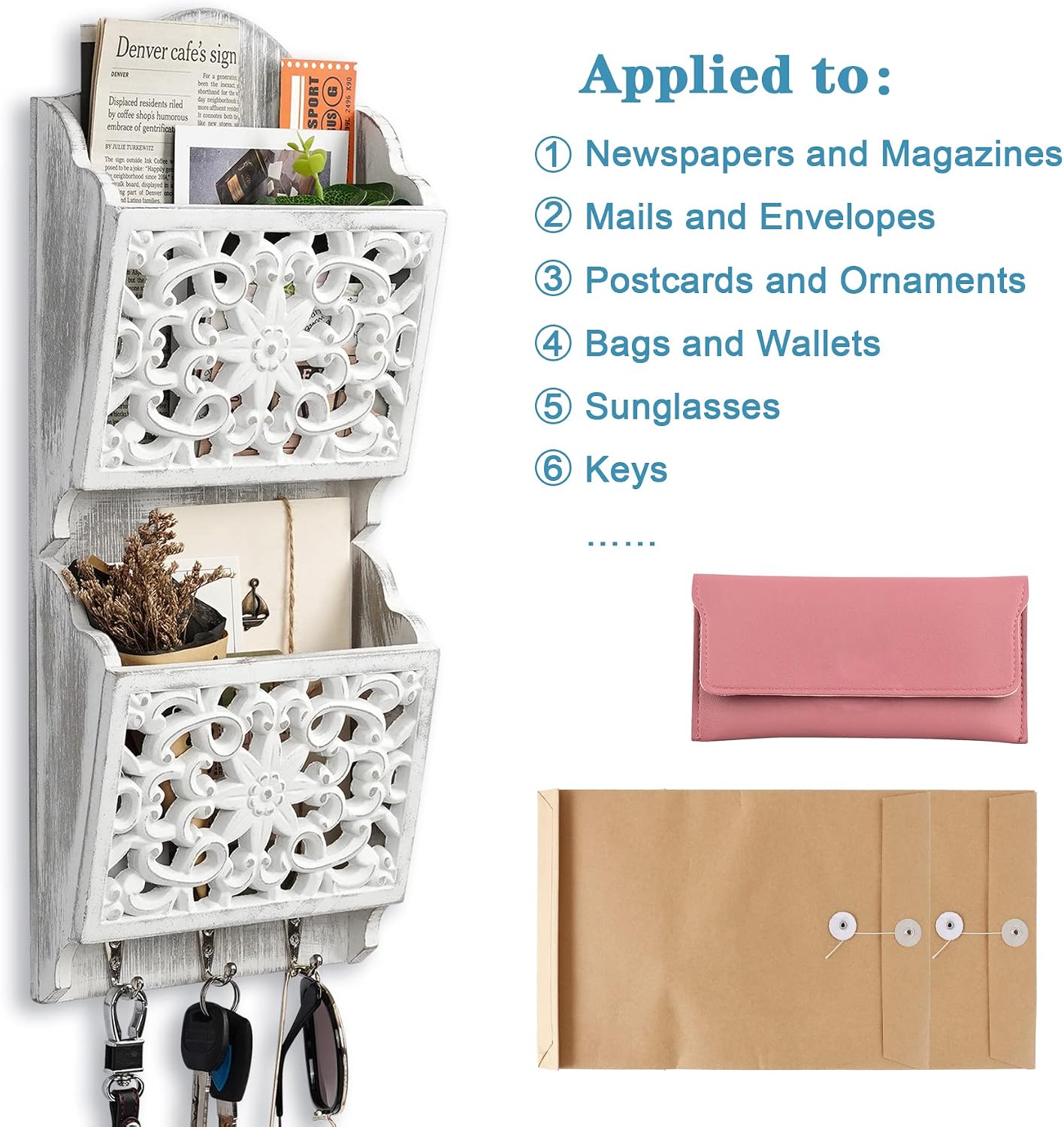 Detalle 2 de Optyuwah 2 Layer Key Holder for Wall: brievenhouder met 3 haken